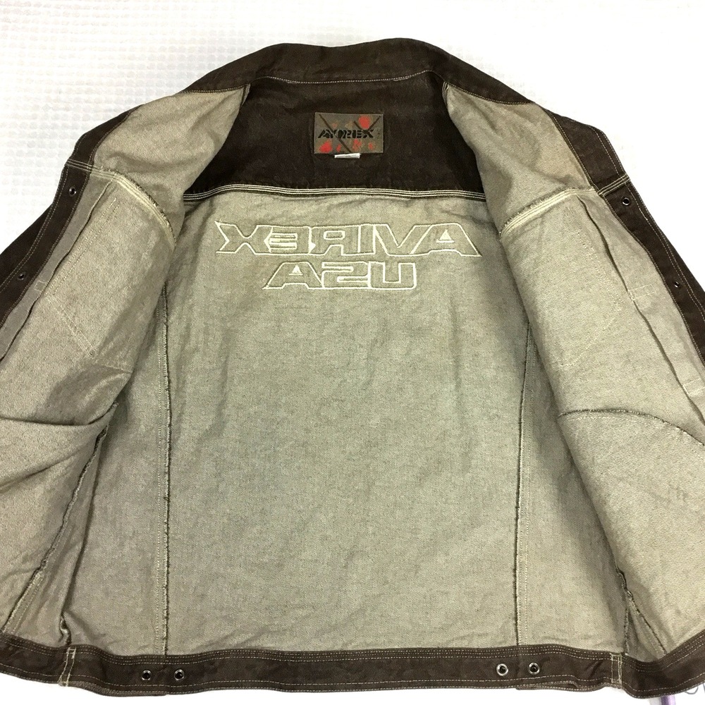 Avirex USA Mens XXL Brown Cotton Denim Trucker Jacket Embroidered Logo Vintage - Picture 11 of 13